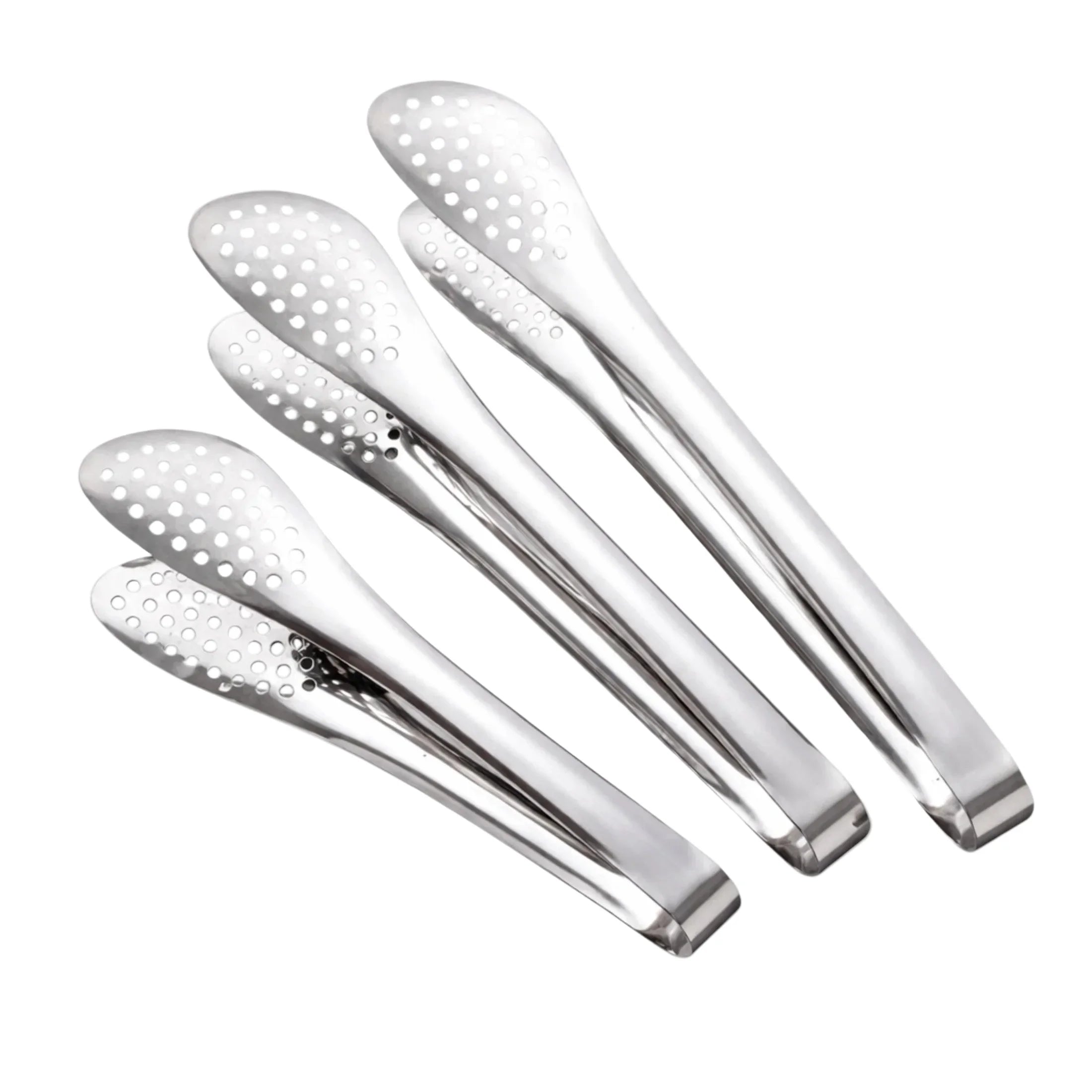 Set of stainless steel kitchen tongs with perforated tips, plastic-free non-toxic cookware