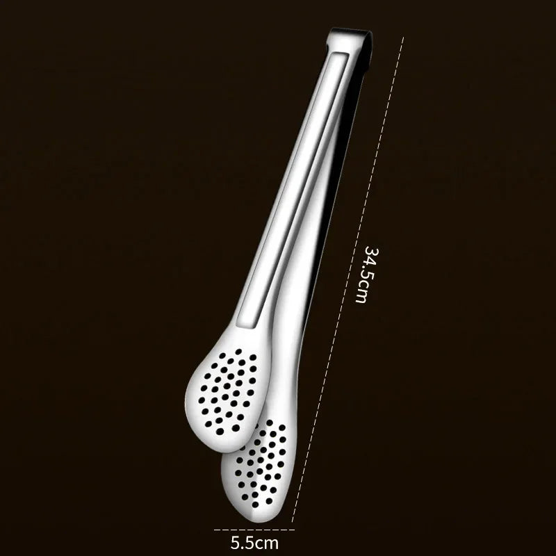 Stainless steel kitchen tongs with strainer tips, 34.5cm, on black background from STEL