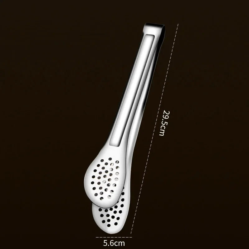 Stainless steel kitchen tongs with perforated tips, 29.5cm long, on dark background