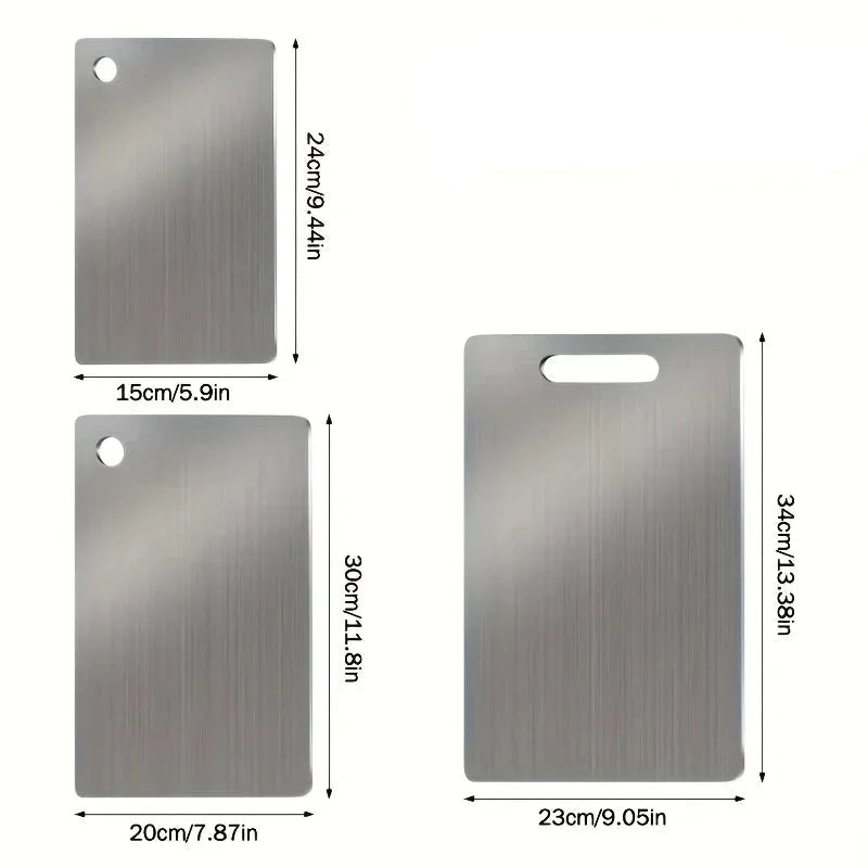 Stainless steel cutting boards in three sizes with measurement labels, Stel non-toxic cookware