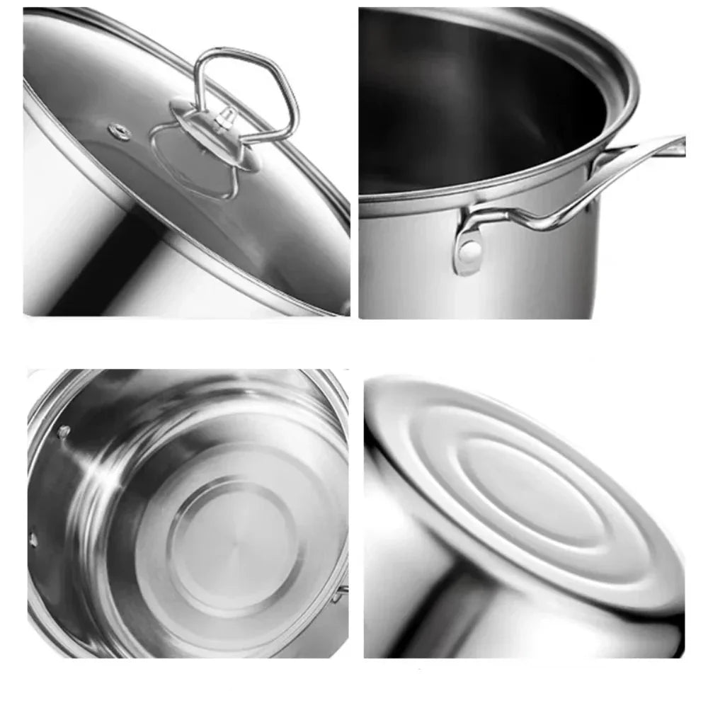 Stel durable stainless steel cookware pot, lid, handles, and base close-up