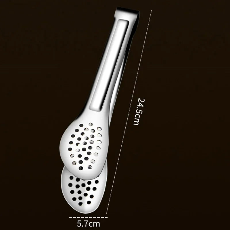 Stainless steel kitchen tongs with holes, 24.5cm length, 5.7cm width, on dark background