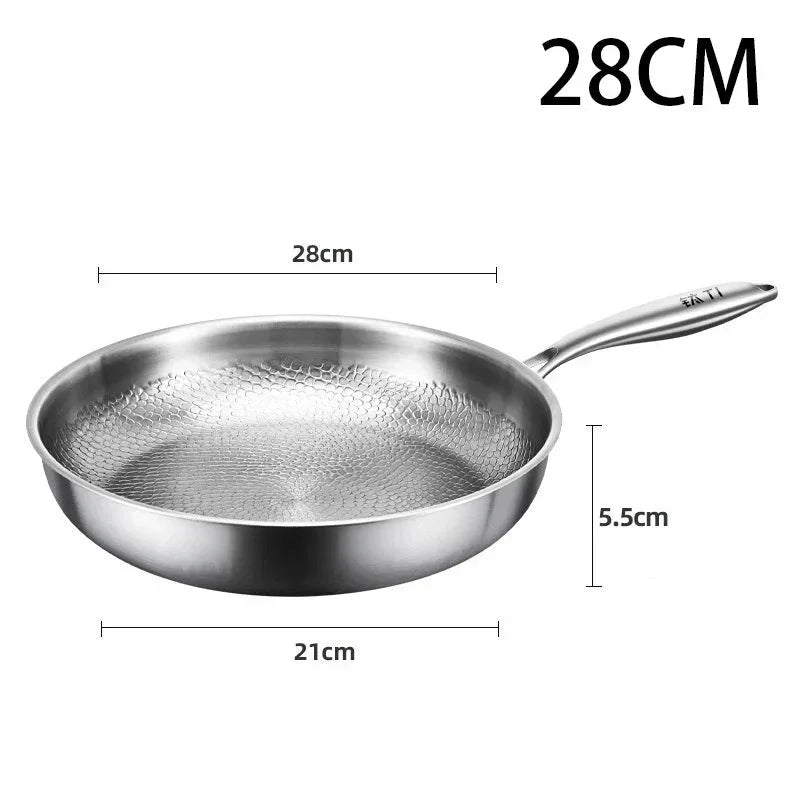 Stainless steel 28cm frying pan with honeycomb surface and Stel branding, plastic-free cookware