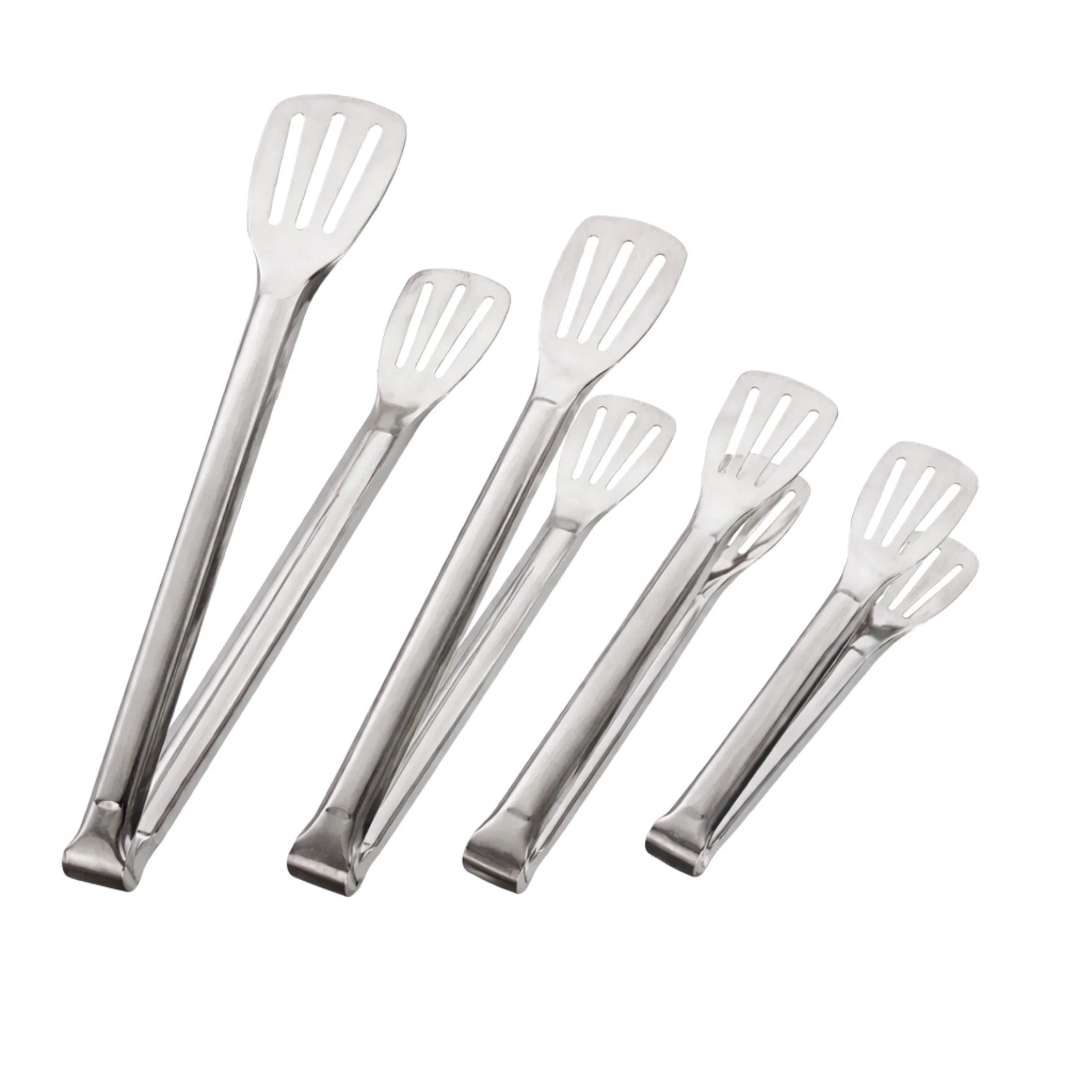 Set of five stainless steel slotted kitchen tongs from Stel on a white background