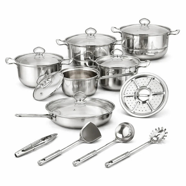 STEL stainless steel cookware and kitchen tools set, plastic-free, non-toxic, with lids
