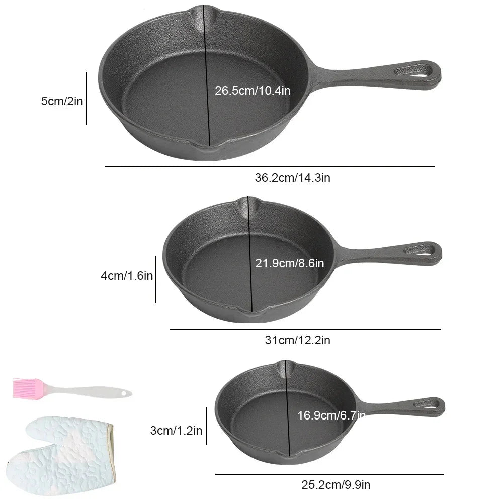 Set of three STEL cast iron frying pans in various sizes with measurements, plus silicone brush and oven mitt.