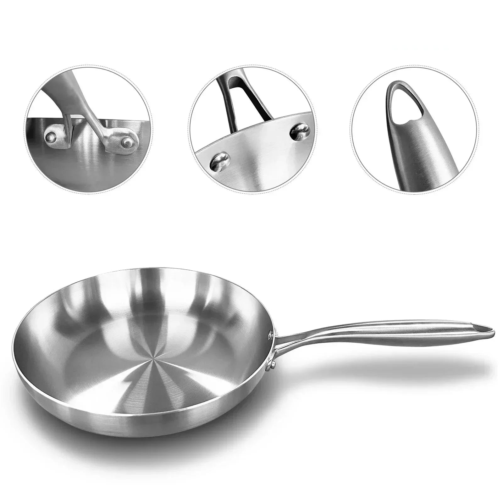 Stel stainless steel frying pan with closeups of handle and rivet details, plastic-free cookware