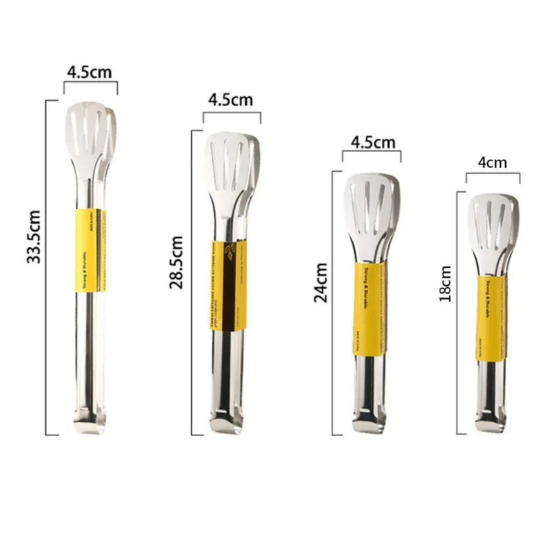 Set of four Stel stainless steel kitchen tongs in various lengths with size labels.