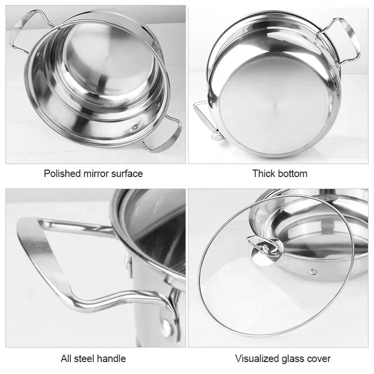 Stel stainless steel pot with polished mirror finish, thick bottom, steel handle, and glass lid