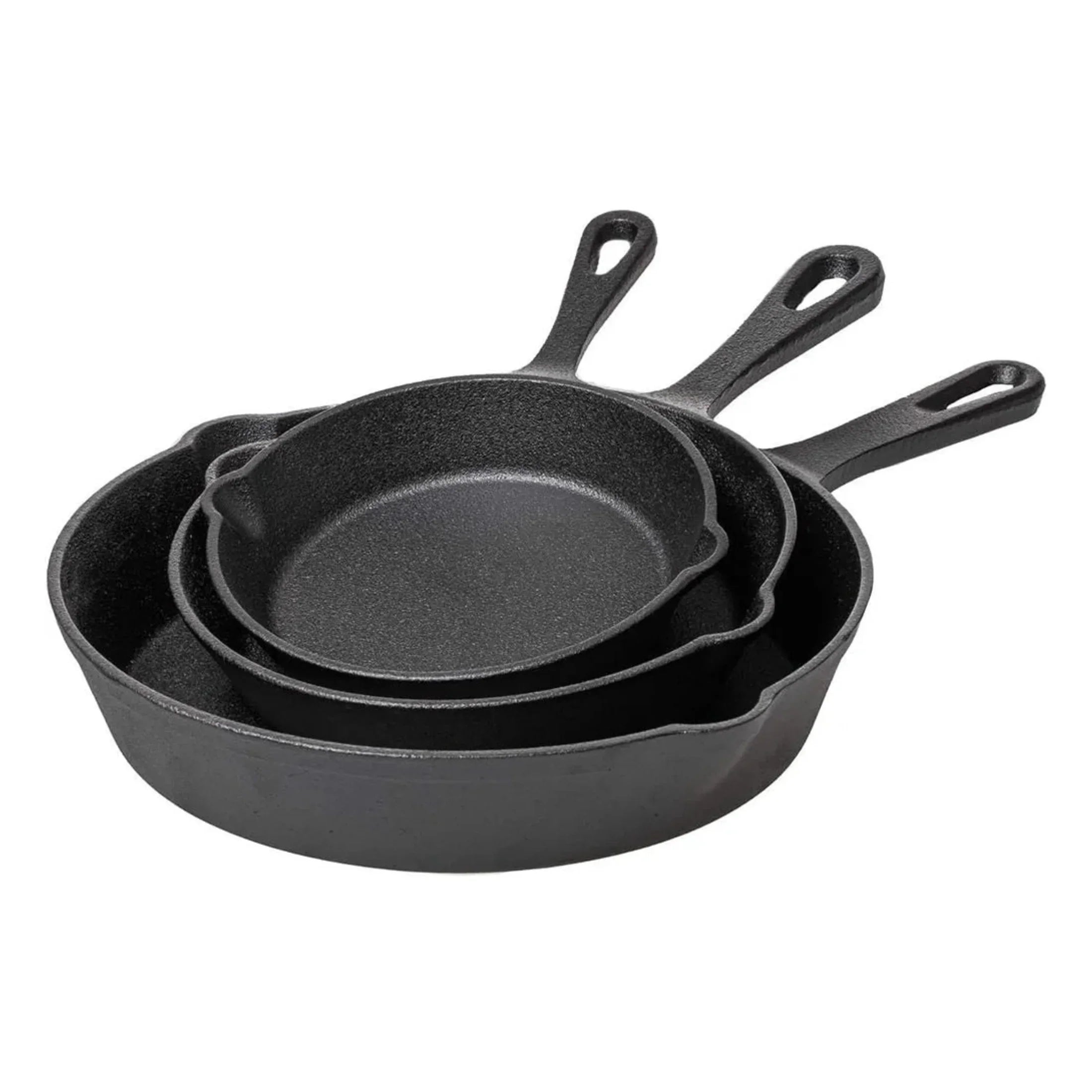 Set of three STEL cast iron frying pans stacked, durable and plastic-free cookware