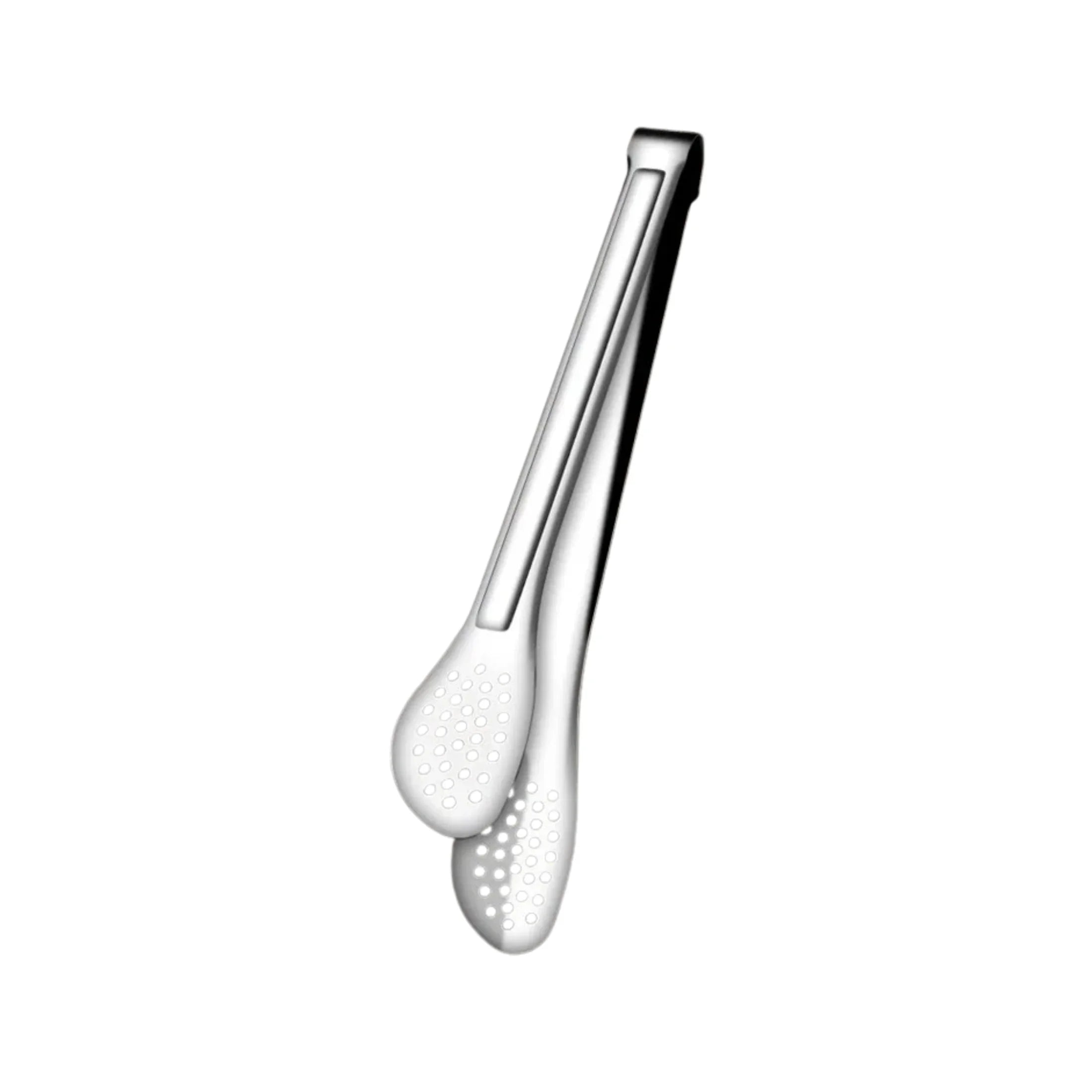 Stainless steel kitchen tongs with perforated tips on white background, STEL cookware